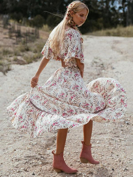 Bohemian deep V collar tie with back-to-back retro-printed large irregular dress