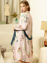 Load image into Gallery viewer, Suspender Ice Silk Solid Color Nightdress Set Printing Long Sleeve Nightgown Autumn and Winter Sexy Two piece Set with Belt Pad