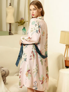 Suspender Ice Silk Solid Color Nightdress Set Printing Long Sleeve Nightgown Autumn and Winter Sexy Two piece Set with Belt Pad