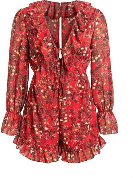 Fashion Red Printed V neck Lantern Long Sleeve Jumpsuits Romper