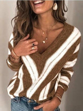 Load image into Gallery viewer, Women Sweaters Deep V Neck Vintage Striped Long Sleeve Knit Pullover Sweaters
