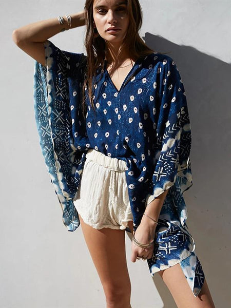 Bat Sleeve Long Sleeve Stitching Loose V-neck Summer Jacket Printed Women's Sunscreen Blouse