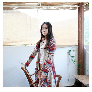 Ethnic Bohemian Striped Long Sleeve Tassel Knitted Cardigan Sweater