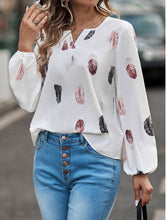 Load image into Gallery viewer, Women&#39;s V-neck feather print long sleeves loose T-shirt blouse