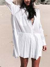 Load image into Gallery viewer, Women Summer Beach Wear White Cotton Tunic Sexy Plunging Neck Front Pocket Short Mini Dress Beach Cover Up
