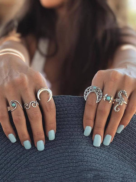 Vintage Sea Horse 6Pcs Turquoise Rings Sets