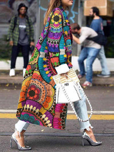 Female Fashion Women Autumn Vintage Print Trench Coat Women Casual Long Coat Cardigan Trench Outerwear