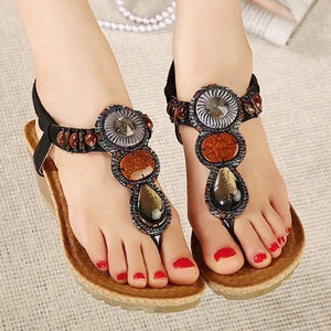 Bohemian Bead Clip Toe Elastic Wedge Heel Beach Flip Flops Sandals