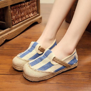 Stripe Pattern Flax Breathable Retro Flat Slip On Women Shoes