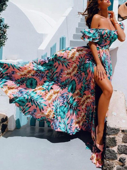Women Summer Long Maxi Dress Boho Floral Print Dresses Off-Shoulder Beach Party Sundress