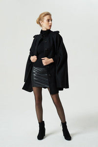 Solid Color Black Coat Single-breasted Bat Sleeve Standing Collar Cloak Woolen Coat
