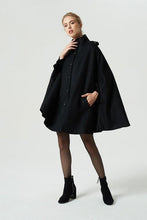 Load image into Gallery viewer, Solid Color Black Coat Single-breasted Bat Sleeve Standing Collar Cloak Woolen Coat