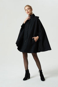 Solid Color Black Coat Single-breasted Bat Sleeve Standing Collar Cloak Woolen Coat