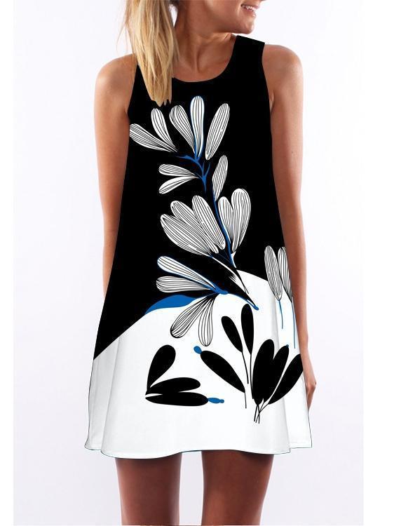 Printed Round Neck Sleeveless Petal Mini Dress