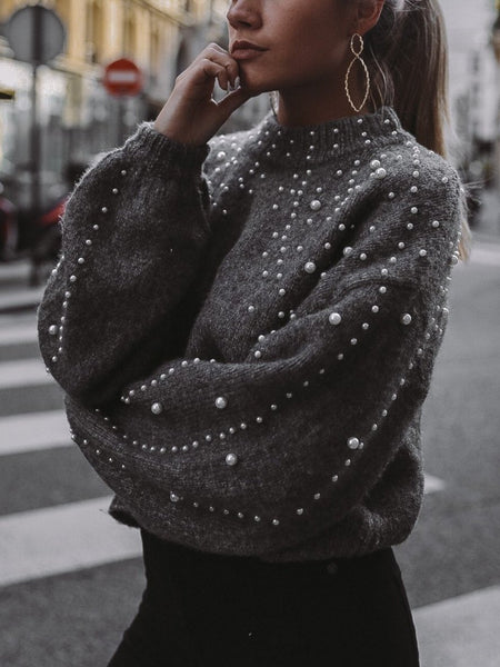 Bead Lantern Sleeve Knitted Sweater Pullover