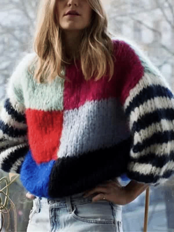 Knitting Split Joint Puff Sleeve Sweater Tops – bydudecom