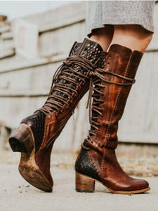 Boho Winter Low Heel Bandage Long Boots
