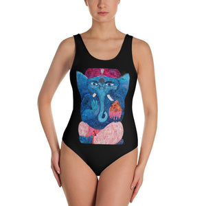 Black Print Thai Elephant One-Piece Swimsuit