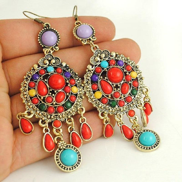 Ethnic Colorful Stone Big Gypsy Drop Fashion Bohemian Vintage Earrings - hiblings