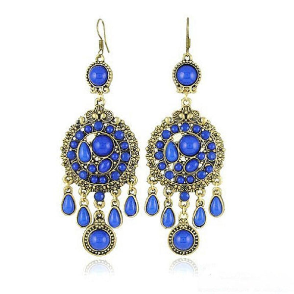 Ethnic Colorful Stone Big Gypsy Drop Fashion Bohemian Vintage Earrings - hiblings