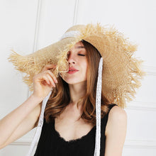 Load image into Gallery viewer, Lace strap straw hat bow wide grass female summer cap beach visor outdoor holiday beach sun protection hat Collapsible