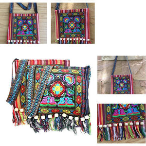 Linen Thai Embroidery Totes Shoulder Tassels National Tibet Floral Soft Bags