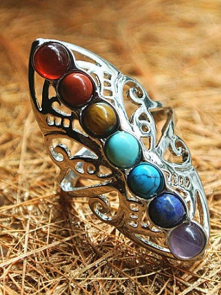 Silver Plated 7 Chakra Healing Hollow Thumb Reiki Natural Stones Adjustable Ring