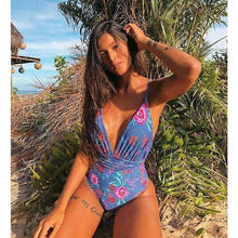 Load image into Gallery viewer, Solid Color Sexy Deep V One Piece Swimsuit  Backless Bodysuit Monokini Swimwear