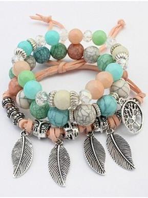 Fashion Vintage Ethnic Elasticity Marble Beads Boho Statement Leaves Bangle Bracelet