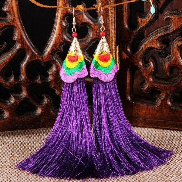 Ethnic Tibet Embroidery Long Tassel Drop Retro Bohemia Handmade Tassel Earrings - hiblings