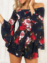 Load image into Gallery viewer, Floral Print Off Shoulder Flared Sleeve Boho Rompers