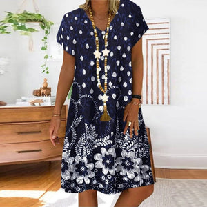 Summer Dot Floral Print V-Neck Short Sleeves Midi Dress