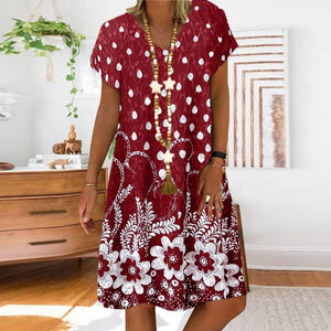 Summer Dot Floral Print V-Neck Short Sleeves Midi Dress